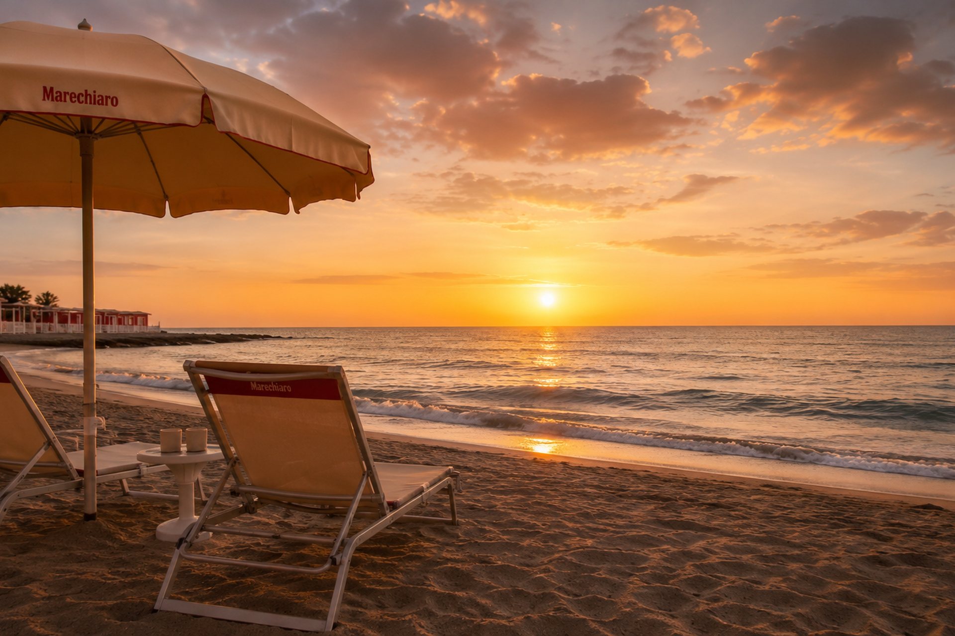Spiaggia di Marechiaro a Ostia al tramonto: sdraio e ombrellone Marechiaro sulla sabbia con le cabine rosse sullo sfondo